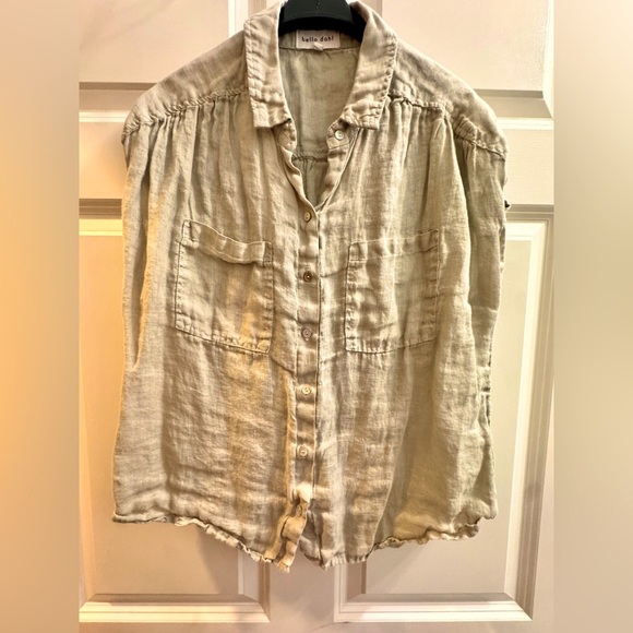 BELLA DAHL EUC Sz L 100% Linen Flowy Pocket Button Down Shirt, Tan - Picture 4 of 5